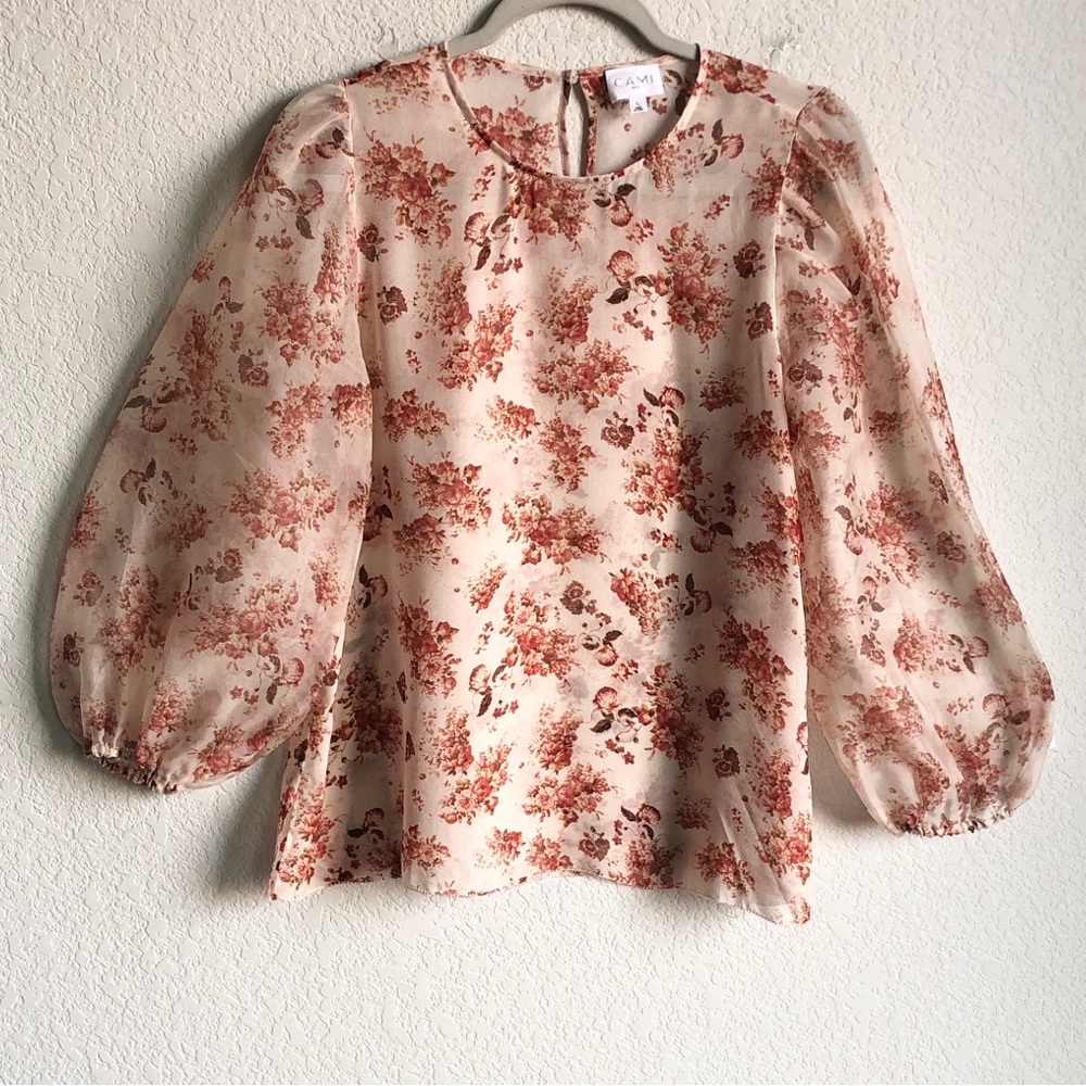 Cami NYC Francie Silk Blouse Sheer Chiffon Floral Large 3/4 Sleeve